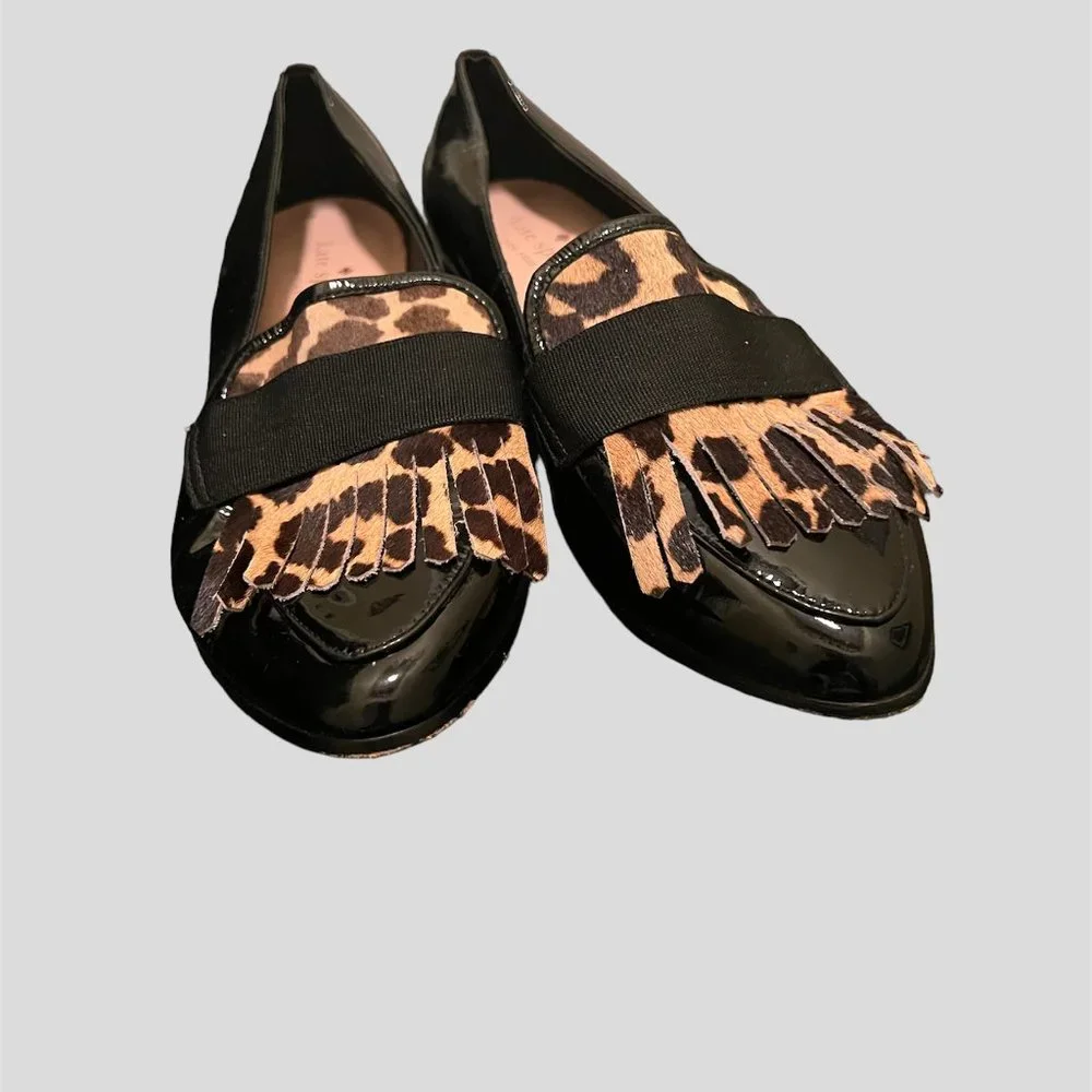 Kate Spade size 8.5  Cayle leopard print fringe patent leather flats